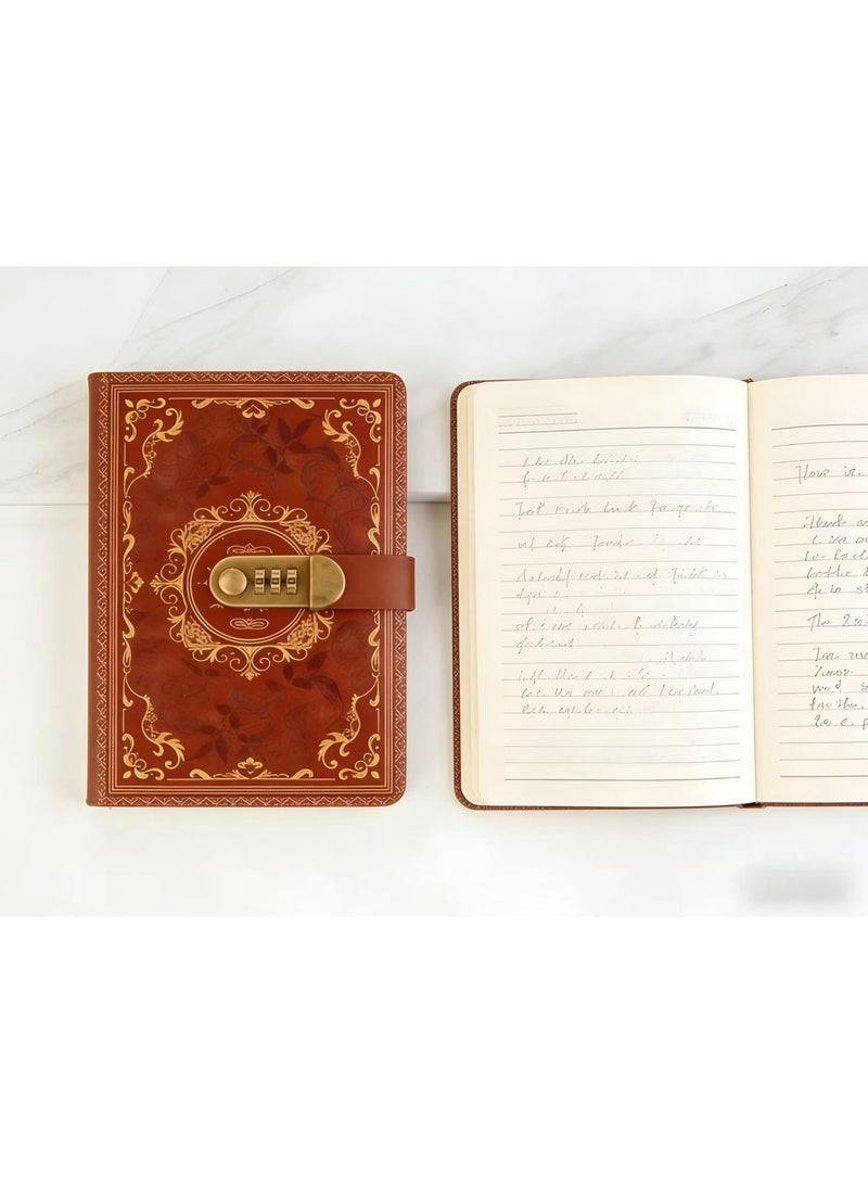 مفكرة جلدية عتيقة من مقاس A5 مزودة بقفل مكون من 3 أرقام، بتصميم كلاسيكي، مناسبة للمكتب والمدرسة، هدية، أدوات مكتبية إبداعية (بني). - Image 5